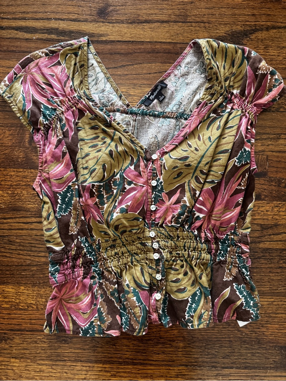 Madewell Pink, Olive & Brown Floral Smocked Button-Front Top